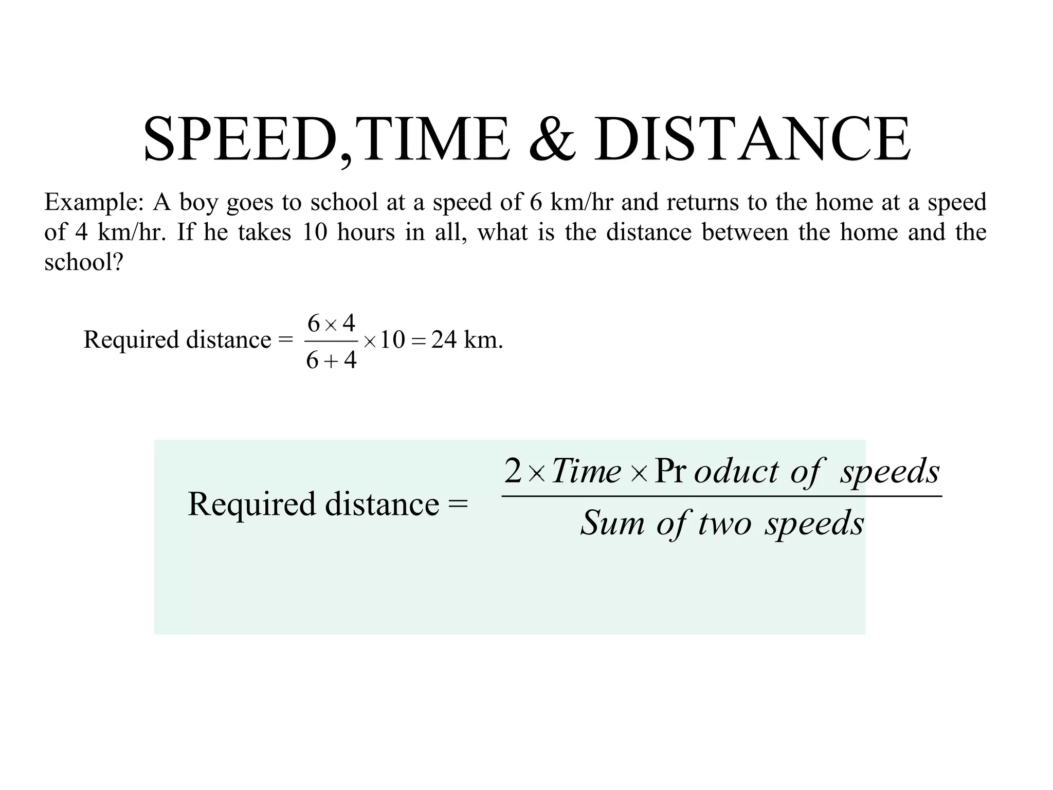 SPEED,TIME & DISTANCE
Example: A boy goes to school at a speed of 6 km/hr and returns to the home at a speed
of 4 km/hr. If he takes 10 hours in all, what is the distance between the home and the
school?
Required distance = 10
46
46
24 km.
Required distance =
speedstwoofSum
speedsofoductTime Pr2
 