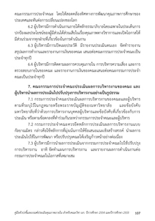 คณะกรรมกำรประจำคณะ โดยให้สอดคล้องทิศทำงกำรพัฒนำคุณภำพกำรศึกษำของ 
ประเทศและทันต่อกำรเปลี่ยนแปลงของโลก 
6.2 ผู้บริหำรมีกำรดำเนินงำนภำยใต้หลักธรรมำภิบำลโดยเฉพำะในประเด็นกำร 
ปกป้องผลประโยชน์ของผู้มีส่วนได้ส่วนเสียในเรื่องคุณภำพทำงวิชำกำรและเปิดโอกำสให้ 
มีส่วนร่วมจำกทุกฝ่ำยที่เกี่ยวข้องในกำรดำเนินงำน 
6.3 ผู้บริหำรมีกำรเปิดเผยประวัติ มีรำยงำนประเมินตนเอง จัดทำรำยงำน 
สรุปผลกำรทำงำนและรำยงำนกำรเงินของคณะ เสนอต่อคณะกรรมกำรประจำคณะเป็น 
ประจำทุกปี 
6.4 ผู้บริหำรมีกำรติดตำมผลกำรควบคุมภำยใน กำรบริหำรควำมเสี่ยง และกำร 
ตรวจสอบภำยในของคณะ และรำยงำนกำรเงินของคณะเสนอต่อคณะกรรมกำรประจำ 
คณะเป็นประจำทุกปี 
7. คณะกรรมการประจาคณะประเมินผลการบริหารงานของคณะ และ 
ผู้บริหารนาผลการประเมินไปปรับปรุงการบริหารงานอย่างเป็นรูปธรรม 
7.1 กรรมกำรประจำคณะประเมินผลกำรบริหำรงำนของคณะและผู้บริหำร 
ตำมที่ระบุไว้ในกฎหมำยหรือพระรำชบัญญัติของมหำวิทยำลัย และข้อบังคับ 
มหำวิทยำลัยที่ว่ำด้วยกำรบริหำรงำนบุคคลผู้บริหำรและข้อบังคับที่เกี่ยวข้องกับกำร 
ประเมิน หรือตำมข้อตกลงที่ทำร่วมกันระหว่ำงกรรมกำรประจำคณะและผู้บริหำร 
7.2 กรรมกำรประจำคณะควรยึดหลักกำรประเมินผลกำรบริหำรงำนแบบ 
กัลยำณมิตร กล่ำวคือใช้หลักกำรที่มุ่งเน้นกำรให้ข้อเสนอแนะเชิงสร้ำงสรรค์ นำผลกำร 
ประเมินไปใช้ในกำรพัฒนำ หรือปรับปรุงคณะให้เจริญก้ำวหน้ำอย่ำงต่อเนื่อง 
7.3 ผู้บริหำรมีกำรนำผลกำรประเมินจำกกรรมกำรประจำคณะไปใช้ปรับปรุง 
กำรบริหำรงำน อำทิ จัดทำแผนกำรบริหำรงำน และรำยงำนผลกำรดำเนินงำนต่อ 
กรรมกำรประจำคณะในโอกำสที่เหมำะสม 
คู่มือตัวบ่งชี้และเกณฑ์ประเมินคุณภาพภายใน สาหรับคณะวิชา มก. ปีการศึกษา 2554 และปีการศึกษา 2555 107 
 