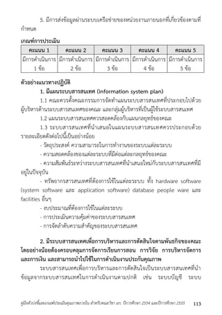 5. มีกำรส่งข้อมูลผ่ำนระบบเครือข่ำยของหน่วยงำนภำยนอกที่เกี่ยวข้องตำมที่ 
กำหนด 
เกณฑ์การประเมิน 
คะแนน 1 คะแนน 2 คะแนน 3 คะแนน 4 คะแนน 5 
มีกำรดำเนินกำร 
1 ข้อ 
มีกำรดำเนินกำร 
2 ข้อ 
มีกำรดำเนินกำร 
3 ข้อ 
มีกำรดำเนินกำร 
4 ข้อ 
มีกำรดำเนินกำร 
5 ข้อ 
ตัวอย่างแนวทางปฏิบัติ 
1. มีแผนระบบสารสนเทศ (information system plan) 
1.1 คณะควรตั้งคณะกรรมกำรจัดทำแผนระบบสำรสนเทศที่ประกอบไปด้วย 
ผู้บริหำรด้ำนระบบสำรสนเทศของคณะ และกลุ่มผู้บริหำรที่เป็นผู้ใช้ระบบสำรสนเทศ 
1.2 แผนระบบสำรสนเทศควรสอดคล้องกับแผนกลยุทธ์ของคณะ 
1.3 ระบบสำรสนเทศที่นำเสนอในแผนระบบสำรสนเทศควรประกอบด้วย 
รำยละเอียดดังต่อไปนี้เป็นอย่ำงน้อย 
- วัตถุประสงค์ ควำมสำมำรถในกำรทำงำนของระบบแต่ละระบบ 
- ควำมสอดคล้องของแต่ละระบบที่มีต่อแต่ละกลยุทธ์ของคณะ 
- ควำมสัมพันธ์ระหว่ำงระบบสำรสนเทศที่นำเสนอใหม่กับระบบสำรสนเทศที่มี 
อยู่ในปัจจุบัน 
- ทรัพยำกรสำรสนเทศที่ต้องกำรใช้ในแต่ละระบบ ทั้ง hardware software 
(system software และ application software) database people ware และ 
facilities อื่นๆ 
- งบประมำณที่ต้องกำรใช้ในแต่ละระบบ 
- กำรประเมินควำมคุ้มค่ำของระบบสำรสนเทศ 
- กำรจัดลำดับควำมสำคัญของระบบสำรสนเทศ 
2. มีระบบสารสนเทศเพื่อการบริหารและการตัดสินใจตามพันธกิจของคณะ 
โดยอย่างน้อยต้องครอบคลุมการจัดการเรียนการสอน การวิจัย การบริหารจัดการ 
และการเงิน และสามารถนาไปใช้ในการดาเนินงานประกันคุณภาพ 
ระบบสำรสนเทศเพื่อกำรบริหำรและกำรตัดสินใจเป็นระบบสำรสนเทศที่นำ 
ข้อมูลจำกระบบสำรสนเทศในกำรดำเนินงำนตำมปกติ เช่น ระบบบัญชี ระบบ 
คู่มือตัวบ่งชี้และเกณฑ์ประเมินคุณภาพภายใน สาหรับคณะวิชา มก. ปีการศึกษา 2554 และปีการศึกษา 2555 113 
 