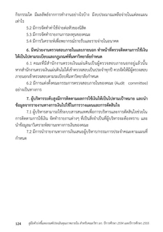 กิจกรรมใด มีผลลัพธ์จำกกำรทำงำนอย่ำงไรบ้ำง มีงบประมำณเหลือจ่ำยในแต่ละแผน 
เท่ำไร 
5.2 มีกำรจัดทำค่ำใช้จ่ำยต่อหัวของนิสิต 
5.3 มีกำรจัดทำรำยงำนกำรลงทุนของคณะ 
5.4 มีกำรวิเครำะห์เพื่อพยำกรณ์รำยรับและรำยจ่ำยในอนำคต 
6. มีหน่วยงานตรวจสอบภายในและภายนอก ทาหน้าที่ตรวจติดตามการใช้เงิน 
ให้เป็นไปตามระเบียบและกฎเกณฑ์ที่มหาวิทยาลัยกาหนด 
6.1 คณะที่มีสำนักงำนตรวจเงินแผ่นดินเป็นผู้ตรวจสอบภำยนอกอยู่แล้วนั้น 
หำกสำนักงำนตรวจเงินแผ่นดินไม่ได้เข้ำตรวจสอบเป็นประจำทุกปี ควรจัดให้มีผู้ตรวจสอบ 
ภำยนอกเข้ำตรวจสอบตำมระเบียบที่มหำวิทยำลัยกำหนด 
6.2 มีกำรแต่งตั้งคณะกรรมกำรตรวจสอบภำยในของคณะ (Audit committee) 
อย่ำงเป็นทำงกำร 
7. ผู้บริหารระดับสูงมีการติดตามผลการใช้เงินให้เป็นไปตามเป้าหมาย และนา 
ข้อมูลจากรายงานทางการเงินไปใช้ในการวางแผนและการตัดสินใจ 
7.1 ผู้บริหำรสำมำรถใช้ระบบสำรสนเทศเพื่อกำรบริหำรและกำรตัดสินใจช่วยใน 
กำรติดตำมกำรใช้เงิน จัดทำรำยงำนต่ำงๆ ที่เป็นสิ่งจำเป็นที่ผู้บริหำรจะต้องทรำบ และ 
นำข้อมูลมำวิเครำะห์สถำนะทำงกำรเงินของคณะ 
7.2 มีกำรนำรำยงำนทำงกำรเงินเสนอผู้บริหำร/กรรมกำรประจำคณะตำมแผนที่ 
กำหนด 
คู่มือตัวบ่งชี้และเกณฑ์ประเมินคุณภาพภายใน สาหรับคณะวิชา มก. ปีก 124 ารศึกษา 2554 และปีการศึกษา 2555 
 