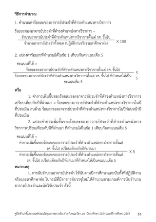 วิธีการคานวณ 
1. คำนวณค่ำร้อยละของอำจำรย์ประจำที่ดำรงตำแหน่งทำงวิชำกำร 
ร้อยละของอำจำรย์ประจำที่ดำรงตำแหน่งทำงวิชำกำร = 
จำนวนอำจำรย์ประจำที่ดำรงตำแหน่งทำงวิชำกำรตั้งแต่ รศ. ขึ้นไป 
จำนวนอำจำรย์ประจำทั้งหมด (ปฏิบัติงำนจริงรวมลำศึกษำต่อ) X 100 
2. แปลงค่ำร้อยละที่คำนวณได้ในข้อ 1 เทียบกับคะแนนเต็ม 5 
คะแนนที่ได้ = 
ร้อยละของอำจำรย์ประจำที่ดำรงตำแหน่งทำงวิชำกำรตั้งแต่ รศ. ขึ้นไป 
X 
ร้อยละของอำจำรย์ประจำที่ดำรงตำแหน่งทำงวิชำกำรตั้งแต่ รศ. ขนึ้ไป ที่กำหนดให้เป็น 5 
คะแนนเต็ม 5 
หรือ 
1. ค่ำกำรเพิ่มขึ้นของร้อยละของอำจำรย์ประจำที่ดำรงตำแหน่งทำงวิชำกำร 
เปรียบเทียบกับปีที่ผ่ำนมำ = ร้อยละของอำจำรย์ประจำที่ดำรงตำแหน่งทำงวิชำกำรในปี 
ที่ประเมิน ลบด้วย ร้อยละของอำจำรย์ประจำที่ดำรงตำแหน่งทำงวิชำกำรในปีก่อนหน้ำปี 
ที่ประเมิน 
2. แปลงค่ำกำรเพิ่มขึ้นของร้อยละของอำจำรย์ประจำที่ดำรงตำแหน่งทำง 
วิชำกำรเปรียบเทียบกับปีที่ผ่ำนมำ ที่คำนวณได้ในข้อ 1 เทียบกับคะแนนเต็ม 5 
คะแนนที่ได้ = 
ค่ำกำรเพิ่มขึ้นของร้อยละของอำจำรย์ประจำที่ดำรงตำแหน่งทำงวิชำกำรตั้งแต่ 
รศ. ขึ้นไป เปรียบเทียบกับปีที่ผ่ำนมำ 
X 5 ค่ำกำรเพิ่มขึ้นของร้อยละของอำจำรย์ประจำที่ดำรงตำแหน่งทำงวิชำกำรตั้งแต่ 
รศ. ขึ้นไป เปรียบเทียบกับปีที่ผ่ำนมำที่กำหนดให้เป็นคะแนนเต็ม 5 
หมายเหตุ 
1. กำรนับจำนวนอำจำรย์ประจำ ให้นับตำมปีกำรศึกษำและนับทั้งที่ปฏิบัติงำน 
จริงและลำศึกษำต่อ ในกรณีที่มีอำจำรย์บรรจุใหม่ให้คำนวณตำมเกณฑ์กำรนับจำนวน 
อำจำรย์ประจำและนักวิจัยประจำ ดังนี้ 
คู่มือตัวบ่งชี้และเกณฑ์ประเมินคุณภาพภายใน สาหรับคณะวิชา มก. ปีการศึกษา 2554 และปีการศึกษา 2555 35 
 
