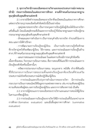 2. ทุกรายวิชามีรายละเอียดของรายวิชาและของประสบการณ์ภาคสนาม 
(ถ้ามี) ก่อนการเปิดสอนในแต่ละภาคการศึกษา ตามที่กาหนดในกรอบมาตรฐาน 
คุณวุฒิระดับอุดมศึกษาแห่งชาติ 
2.1 อำจำรย์จัดทำรำยละเอียดของรำยวิชำที่จะเปิดสอนในแต่ละภำคกำรศึกษำ 
แต่ละรำยวิชำระบุรำยละเอียดในหัวข้อต่อไปนี้เป็นอย่ำงน้อย 
- จุดมุ่งหมำยของรำยวิชำ เป็นกำรระบุผลกำรเรียนรู้เมื่อผู้เรียนได้เรียนรำยวิชำ 
เสร็จสิ้นแล้ว โดยเน้นพฤติกรรมที่เป็นผลจำกกำรเรียนรู้ ซึ่งอิงมำตรฐำนผลกำรเรียนรู้ตำม 
กรอบมำตรฐำนคุณวุฒิระดับอุดมศึกษำแห่งชำติ 
- ลักษณะและกำรดำเนินกำร เป็นกำรระบุคำอธิบำยรำยวิชำ จำนวนชั่วโมงกำร 
สอน และกำรให้คำปรึกษำ 
- กำรพัฒนำผลกำรเรียนรู้ของผู้เรียน เป็นกำรอธิบำยควำมรู้หรือทักษะ 
ที่รำยวิชำมุ่งหวังที่จะพัฒนำผู้เรียน วิธีกำรสอน และกำรประเมินผลกำรเรียนรู้ในด้ำน 
ต่ำงๆ ที่กำหนดในกรอบมำตรฐำนคุณวุฒิระดับอุดมศึกษำแห่งชำติ 
- แผนกำรสอนและกำรประเมินผล ในแต่ละคำบเรียนมีกำรระบุหัวข้อหรือ 
เนื้อหำที่จะสอน กิจกรรมกำรเรียนกำรสอน สื่อกำรสอนที่ใช้และวิธีกำรประเมินผลกำร 
เรียนรู้ของหัวข้อหรือเนื้อหำนั้นๆ 
- ทรัพยำกรประกอบกำรเรียนกำรสอน ระบุเอกสำร หนังสือ ตำรำที่ทันสมัย 
ที่ใช้ประกอบกำรเรียนกำรสอนรวมทั้งแหล่งเรียนรู้นอกห้องเรียนที่ช่วยเส ริม 
ประสบกำรณ์จริงหรือประสบกำรณ์เชิงปฏิบัติแก่ผู้เรียน 
- กำรประเมินและปรับปรุงกำรดำเนินกำรของรำยวิชำ มีกำรประเมิน 
กระบวนกำรเรียนกำรสอนโดยใช้ข้อมูลจำกแหล่งหลำกหลำย เช่น ควำมเห็นของผู้เรียน 
ควำมเห็นของทีมผู้สอน ผลกำรเรียนรู้ของผู้เรียน และจำกกำรสังเกตกำรณ์ เป็นต้น 
2.2 อำจำรย์ผู้สอนแจกรำยละเอียดของรำยวิชำและแผนกำรสอนให้ผู้เรียน 
ในคำบแรกที่พบผู้เรียน 
2.3 กำรประเมินผลกำรเรียนรู้ของรำยวิชำให้มีกำรประเมินทั้งในระหว่ำงภำค 
กำรศึกษำ (formative evaluation) และเมื่อสิ้นสุดภำคกำรศึกษำ (summative 
evaluation) 
คู่มือตัวบ่งชี้และเกณฑ์ประเมินคุณภาพภายใน สาหรับคณะวิชา มก. ปีก 48 ารศึกษา 2554 และปีการศึกษา 2555 
 