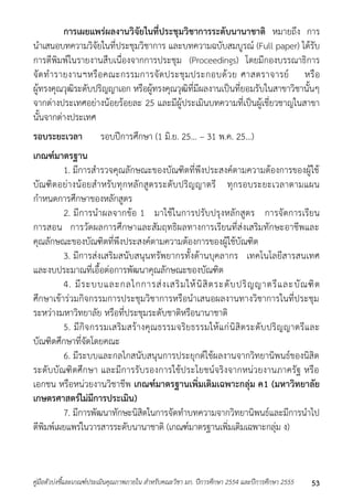 การเผยแพร่ผลงานวิจัยในที่ประชุมวิชาการระดับนานาชาติ หมำยถึง กำร 
นำเสนอบทควำมวิจัยในที่ประชุมวิชำกำร และบทควำมฉบับสมบูรณ์ (Full paper) ได้รับ 
กำรตีพิมพ์ในรำยงำนสืบเนื่องจำกกำรประชุม (Proceedings) โดยมีกองบรรณำธิกำร 
จัดทำรำยงำนฯหรือคณะกรรมกำรจัดประชุมประกอบด้วย ศำสตรำจำรย์ หรือ 
ผู้ทรงคุณวุฒิระดับปริญญำเอก หรือผู้ทรงคุณวุฒิที่มีผลงำนเป็นที่ยอมรับในสำขำวิชำนั้นๆ 
จำกต่ำงประเทศอย่ำงน้อยร้อยละ 25 และมีผู้ประเมินบทควำมที่เป็นผู้เชี่ยวชำญในสำขำ 
นั้นจำกต่ำงประเทศ 
รอบระยะเวลา รอบปีกำรศึกษำ (1 มิ.ย. 25... – 31 พ.ค. 25...) 
เกณฑ์มาตรฐาน 
1. มีกำรสำรวจคุณลักษณะของบัณฑิตที่พึงประสงค์ตำมควำมต้องกำรของผู้ใช้ 
บัณฑิตอย่ำงน้อยสำหรับทุกหลักสูตรระดับปริญญำตรี ทุกรอบระยะเวลำตำมแผน 
กำหนดกำรศึกษำของหลักสูตร 
2. มีกำรนำผลจำกข้อ 1 มำใช้ในกำรปรับปรุงหลักสูตร กำรจัดกำรเรียน 
กำรสอน กำรวัดผลกำรศึกษำและสัมฤทธิผลทำงกำรเรียนที่ส่งเสริมทักษะอำชีพและ 
คุณลักษณะของบัณฑิตที่พึงประสงค์ตำมควำมต้องกำรของผู้ใช้บัณฑิต 
3. มีกำรส่งเสริมสนับสนุนทรัพยำกรทั้งด้ำนบุคลำกร เทคโนโลยีสำรสนเทศ 
และงบประมำณที่เอื้อต่อกำรพัฒนำคุณลักษณะของบัณฑิต 
4. มีระบบและกลไกกำรส่งเสริมให้นิสิตระดับปริญญำตรีและบัณฑิต 
ศึกษำเข้ำร่วมกิจกรรมกำรประชุมวิชำกำรหรือนำเสนอผลงำนทำงวิชำกำรในที่ประชุม 
ระหว่ำงมหำวิทยำลัย หรือที่ประชุมระดับชำติหรือนำนำชำติ 
5. มีกิจกรรมเสริมสร้ำงคุณธรรมจริยธรรมให้แก่นิสิตระดับปริญญำตรีและ 
บัณฑิตศึกษำที่จัดโดยคณะ 
6. มีระบบและกลไกสนับสนุนกำรประยุกต์ใช้ผลงำนจำกวิทยำนิพนธ์ของนิสิต 
ระดับบัณฑิตศึกษำ และมีกำรรับรองกำรใช้ประโยชน์จริงจำกหน่วยงำนภำครัฐ หรือ 
เอกชน หรือหน่วยงำนวิชำชีพ เกณฑ์มาตรฐานเพิ่มเติมเฉพาะกลุ่ม ค1 (มหาวิทยาลัย 
เกษตรศาสตร์ไม่มีการประเมิน) 
7. มีกำรพัฒนำทักษะนิสิตในกำรจัดทำบทควำมจำกวิทยำนิพนธ์และมีกำรนำไป 
ตีพิมพ์เผยแพร่ในวำรสำรระดับนำนำชำติ (เกณฑ์มำตรฐำนเพิ่มเติมเฉพำะกลุ่ม ง) 
คู่มือตัวบ่งชี้และเกณฑ์ประเมินคุณภาพภายใน สาหรับคณะวิชา มก. ปีการศึกษา 2554 และปีการศึกษา 2555 53 
 