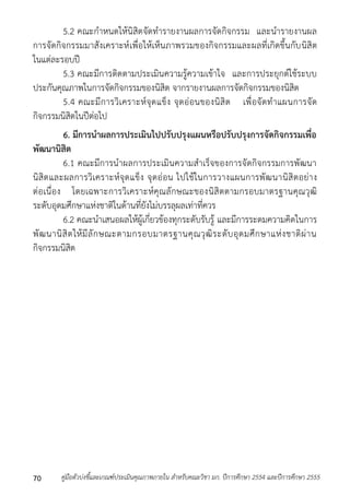 5.2 คณะกำหนดให้นิสิตจัดทำรำยงำนผลกำรจัดกิจกรรม และนำรำยงำนผล 
กำรจัดกิจกรรมมำสังเครำะห์เพื่อให้เห็นภำพรวมของกิจกรรมและผลที่เกิดขึ้นกับนิสิต 
ในแต่ละรอบปี 
5.3 คณะมีกำรติดตำมประเมินควำมรู้ควำมเข้ำใจ และกำรประยุกต์ใช้ระบบ 
ประกันคุณภำพในกำรจัดกิจกรรมของนิสิต จำกรำยงำนผลกำรจัดกิจกรรมของนิสิต 
5.4 คณะมีกำรวิเครำะห์จุดแข็ง จุดอ่อนของนิสิต เพื่อจัดทำแผนกำรจัด 
กิจกรรมนิสิตในปีต่อไป 
6. มีการนาผลการประเมินไปปรับปรุงแผนหรือปรับปรุงการจัดกิจกรรมเพื่อ 
พัฒนานิสิต 
6.1 คณะมีกำรนำผลกำรประเมินควำมสำเร็จของกำรจัดกิจกรรมกำรพัฒนำ 
นิสิตและผลกำรวิเครำะห์จุดแข็ง จุดอ่อน ไปใช้ในกำรวำงแผนกำรพัฒนำนิสิตอย่ำง 
ต่อเนื่อง โดยเฉพำะกำรวิเครำะห์คุณลักษณะของนิสิตตำมกรอบมำตรฐำนคุณวุฒิ 
ระดับอุดมศึกษำแห่งชำติในด้ำนที่ยังไม่บรรลุผลเท่ำที่ควร 
6.2 คณะนำเสนอผลให้ผู้เกี่ยวข้องทุกระดับรับรู้ และมีกำรระดมควำมคิดในกำร 
พัฒนำนิสิตให้มีลักษณะตำมกรอบมำตรฐำนคุณวุฒิระดับอุดมศึกษำแห่งชำติผ่ำน 
กิจกรรมนิสิต 
คู่มือตัวบ่งชี้และเกณฑ์ประเมินคุณภาพภายใน สาหรับคณะวิชา มก. ปีก 70 ารศึกษา 2554 และปีการศึกษา 2555 
 