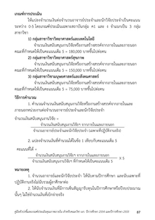 เกณฑ์การประเมิน 
ให้แปลงจำนวนเงินต่อจำนวนอำจำรย์ประจำและนักวิจัยประจำเป็นคะแนน 
ระหว่ำง 0-5 โดยเกณฑ์ประเมินเฉพำะสถำบันกลุ่ม ค1 และ ง จำแนกเป็น 3 กลุ่ม 
สำขำวิชำ 
1) กลุ่มสาขาวิชาวิทยาศาสตร์และเทคโนโลยี 
จำนวนเงินสนับสนุนงำนวิจัยหรืองำนสร้ำงสรรค์จำกภำยในและภำยนอก 
คณะที่กำหนดให้เป็นคะแนนเต็ม 5 = 180,000 บำทขึ้นไปต่อคน 
2) กลุ่มสาขาวิชาวิทยาศาสตร์สุขภาพ 
จำนวนเงินสนับสนุนงำนวิจัยหรืองำนสร้ำงสรรค์จำกภำยในและภำยนอก 
คณะที่กำหนดให้เป็นคะแนนเต็ม 5 = 150,000 บำทขึ้นไปต่อคน 
3) กลุ่มสาขาวิชามนุษยศาสตร์และสังคมศาสตร์ 
จำนวนเงินสนับสนุนงำนวิจัยหรืองำนสร้ำงสรรค์จำกภำยในและภำยนอก 
คณะที่กำหนดให้เป็นคะแนนเต็ม 5 = 75,000 บำทขึ้นไปต่อคน 
วิธีการคานวณ 
1. คำนวณจำนวนเงินสนับสนุนงำนวิจัยหรืองำนสร้ำงสรรค์จำกภำยในและ 
ภำยนอกหน่วยงำนต่อจำนวนอำจำรย์ประจำและนักวิจัยประจำ 
จำนวนเงินสนับสนุนงำนวิจัย = 
จำนวนเงินสนับสนุนงำนวิจัยฯ จำกภำยในและภำยนอก 
จำนวนอำจำรย์ประจำและนักวิจัยประจำ (เฉพำะที่ปฏิบัติงำนจริง) 
2. แปลงจำนวนเงินที่คำนวณได้ในข้อ 1 เทียบกับคะแนนเต็ม 5 
คะแนนที่ได้ = 
จำนวนเงินสนับสนุนงำนวิจัยฯ จำกภำยในและภำยนอก 
X 5 
จำนวนเงินสนับสนุนงำนวิจัยฯ ที่กำหนดให้เป็นคะแนนเต็ม 5 
หมายเหตุ 
1. จำนวนอำจำรย์และนักวิจัยประจำ ให้นับตำมปีกำรศึกษำ และนับเฉพำะที่ 
ปฏิบัติงำนจริงไม่นับรวมผู้ลำศึกษำต่อ 
2. ให้นับจำนวนเงินที่มีกำรเซ็นสัญญำรับทุนในปีกำรศึกษำหรือปีงบประมำณ 
นั้นๆ ไม่ใช่จำนวนเงินที่เบิกจ่ำยจริง 
คู่มือตัวบ่งชี้และเกณฑ์ประเมินคุณภาพภายใน สาหรับคณะวิชา มก. ปีการศึกษา 2554 และปีการศึกษา 2555 87 
 