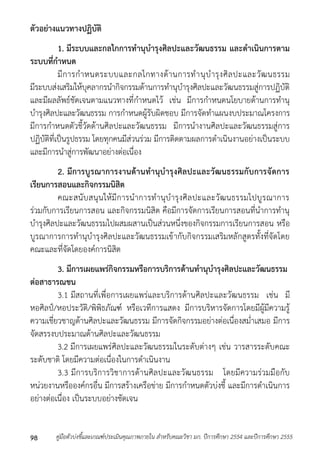 ตัวอย่างแนวทางปฏิบัติ 
1. มีระบบและกลไกการทานุบารุงศิลปะและวัฒนธรรม และดาเนินการตาม 
ระบบที่กาหนด 
มีกำรกำหนดระบบและกลไกทำงด้ำนกำรทำนุบำรุงศิลปะและวัฒนธรรม 
มีระบบส่งเสริมให้บุคลำกรนำกิจกรรมด้ำนกำรทำนุบำรุงศิลปะและวัฒนธรรมสู่กำรปฏิบัติ 
และมีผลลัพธ์ชัดเจนตำมแนวทำงที่กำหนดไว้ เช่น มีกำรกำหนดนโยบำยด้ำนกำรทำนุ 
บำรุงศิลปะและวัฒนธรรม กำรกำหนดผู้รับผิดชอบ มีกำรจัดทำแผนงบประมำณโครงกำร 
มีกำรกำหนดตัวชี้วัดด้ำนศิลปะและวัฒนธรรม มีกำรนำงำนศิลปะและวัฒนธรรมสู่กำร 
ปฏิบัติที่เป็นรูปธรรม โดยทุกคนมีส่วนร่วม มีกำรติดตำมผลกำรดำเนินงำนอย่ำงเป็นระบบ 
และมีกำรนำสู่กำรพัฒนำอย่ำงต่อเนื่อง 
2. มีการบูรณาการงานด้านทานุบารุงศิลปะและวัฒนธรรมกับการจัดการ 
เรียนการสอนและกิจกรรมนิสิต 
คณะสนับสนุนให้มีกำรนำกำรทำนุบำรุงศิลปะและวัฒนธรรมไปบูรณำกำร 
ร่วมกับกำรเรียนกำรสอน และกิจกรรมนิสิต คือมีกำรจัดกำรเรียนกำรสอนที่นำกำรทำนุ 
บำรุงศิลปะและวัฒนธรรมไปผสมผสำนเป็นส่วนหนึ่งของกิจกรรมกำรเรียนกำรสอน หรือ 
บูรณำกำรกำรทำนุบำรุงศิลปะและวัฒนธรรมเข้ำกับกิจกรรมเสริมหลักสูตรทั้งที่จัดโดย 
คณะและที่จัดโดยองค์กำรนิสิต 
3. มีการเผยแพร่กิจกรรมหรือการบริการด้านทานุบารุงศิลปะและวัฒนธรรม 
ต่อสาธารณชน 
3.1 มีสถำนที่เพื่อกำรเผยแพร่และบริกำรด้ำนศิลปะและวัฒนธรรม เช่น มี 
หอศิลป์/หอประวัติ/พิพิธภัณฑ์ หรือเวทีกำรแสดง มีกำรบริหำรจัดกำรโดยมีผู้มีควำมรู้ 
ควำมเชี่ยวชำญด้ำนศิลปะและวัฒนธรรม มีกำรจัดกิจกรรมอย่ำงต่อเนื่องสม่ำเสมอ มีกำร 
จัดสรรงบประมำณด้ำนศิลปะและวัฒนธรรม 
3.2 มีกำรเผยแพร่ศิลปะและวัฒนธรรมในระดับต่ำงๆ เช่น วำรสำรระดับคณะ 
ระดับชำติ โดยมีควำมต่อเนื่องในกำรดำเนินงำน 
3.3 มีกำรบริกำรวิชำกำรด้ำนศิลปะและวัฒนธรรม โดยมีควำมร่วมมือกับ 
หน่วยงำนหรือองค์กรอื่น มีกำรสร้ำงเครือข่ำย มีกำรกำหนดตัวบ่งชี้ และมีกำรดำเนินกำร 
อย่ำงต่อเนื่อง เป็นระบบอย่ำงชัดเจน 
คู่มือตัวบ่งชี้และเกณฑ์ประเมินคุณภาพภายใน สาหรับคณะวิชา มก. ปีก 98 ารศึกษา 2554 และปีการศึกษา 2555 
 