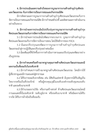 4. มีการประเมินผลความสาเร็จของการบูรณาการงานด้านทานุบารุงศิลปะ 
และวัฒนธรรม กับการจัดการเรียนการสอนและกิจกรรมนิสิต 
มีกำรติดตำมผลกำรบูรณำกำรงำนด้ำนทำนุบำรุงศิลปะและวัฒนธรรมกับกำร 
จัดกำรเรียนกำรสอนและกิจกรรมนิสิต มีกำรกำหนดตัวบ่งชี้ และติดตำมผลกำรดำเนินงำน 
อย่ำงเป็นระบบ 
5. มีการนาผลการประเมินไปปรับปรุงการบูรณาการงานด้านทานุบารุง 
ศิลปะและวัฒนธรรมกับการจัดการเรียนการสอนและกิจกรรมนิสิต 
5.1 มีกำรนำผลกำรประเมินไปพัฒนำกระบวนกำร บูรณำกำรด้ำนทำนุบำรุง 
ศิลปะและวัฒนธรรมกับกำรจัดกำรเรียนกำรสอน โดยใช้หลักกำรของ PDCA 
5.2 มีแผนปรับปรุงและพัฒนำกำรบูรณำกำรด้ำนทำนุบำรุงศิลปะและ 
วัฒนธรรมนำสู่กำรปฏิบัติและปรับปรุงอย่ำงต่อเนื่อง 
5.3 มีผลสัมฤทธิ์ที่เกิดขึ้นจำกกำรดำเนินกำรตำมแผนปรับปรุงและพัฒนำอย่ำง 
เป็นรูปธรรม 
6. มีการกาหนดหรือสร้างมาตรฐานคุณภาพด้านศิลปะและวัฒนธรรมและมี 
ผลงานเป็นที่ยอมรับในระดับชาติ 
6.1 มีกำรกำหนด/กำรสร้ำงมำตรฐำนด้ำนศิลปะและวัฒนธรรม โดยมีกำรใช้ 
ผู้เชี่ยวชำญและมีกำรเผยแพร่สู่สำธำรณะ 
6.2 ได้รับกำรยอมรับจำกสังคม เช่น มีศิลปินแห่งชำติ มีบุคลำกรได้รับเชิญเป็น 
วิทยำกรหรือเป็นที่ประจักษ์ หรือผู้ทรงคุณวุฒิในระดับองค์กรระดับชุมชนระดับ 
ชำติ และระดับนำนำชำติ 
6.3 มีจำนวนผลงำนวิจัย หรืองำนสร้ำงสรรค์ ด้ำนศิลปะและวัฒนธรรมโดยมี 
กำรเผยแพร่ทั้งในระดับชำติ ระดับภูมิภำค หรือระดับนำนำชำติ หรือมีผลงำนได้รับ 
รำงวัล ได้รับกำรอ้ำงอิงเป็นที่ยอมรับ 
คู่มือตัวบ่งชี้และเกณฑ์ประเมินคุณภาพภายใน สาหรับคณะวิชา มก. ปีการศึกษา 2554 และปีการศึกษา 2555 99 
 