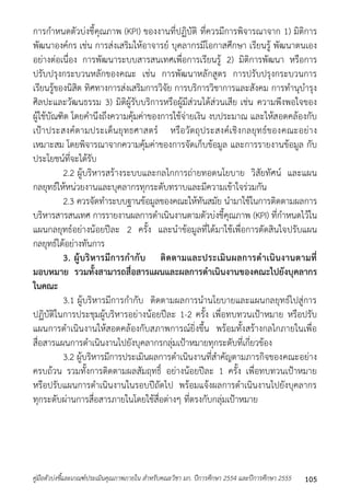 กำรกำหนดตัวบ่งชี้คุณภำพ (KPI) ของงำนที่ปฏิบัติ ที่ควรมีกำรพิจำรณำจำก 1) มิติกำร 
พัฒนำองค์กร เช่น กำรส่งเสริมให้อำจำรย์ บุคลำกรมีโอกำสศึกษำ เรียนรู้ พัฒนำตนเอง 
อย่ำงต่อเนื่อง กำรพัฒนำระบบสำรสนเทศเพื่อกำรเรียนรู้ 2) มิติกำรพัฒนำ หรือกำร 
ปรับปรุงกระบวนหลักของคณะ เช่น กำรพัฒนำหลักสูตร กำรปรับปรุงกระบวนกำร 
เรียนรู้ของนิสิต ทิศทำงกำรส่งเสริมกำรวิจัย กำรบริกำรวิชำกำรและสังคม กำรทำนุบำรุง 
ศิลปะและวัฒนธรรม 3) มิติผู้รับบริกำรหรือผู้มีส่วนได้ส่วนเสีย เช่น ควำมพึงพอใจของ 
ผู้ใช้บัณฑิต โดยคำนึงถึงควำมคุ้มค่ำของกำรใช้จ่ำยเงิน งบประมำณ และให้สอดคล้องกับ 
เป้ำประสงค์ตำมประเด็นยุทธศำสตร์ หรือวัตถุประสงค์เชิงกลยุทธ์ของคณะอย่ำง 
เหมำะสม โดยพิจำรณำจำกควำมคุ้มค่ำของกำรจัดเก็บข้อมูล และกำรรำยงำนข้อมูล กับ 
ประโยชน์ที่จะได้รับ 
2.2 ผู้บริหำรสร้ำงระบบและกลไกกำรถ่ำยทอดนโยบำย วิสัยทัศน์ และแผน 
กลยุทธ์ให้หน่วยงำนและบุคลำกรทุกระดับทรำบและมีควำมเข้ำใจร่วมกัน 
2.3 ควรจัดทำระบบฐำนข้อมูลของคณะให้ทันสมัย นำมำใช้ในกำรติดตำมผลกำร 
บริหำรสำรสนเทศ กำรรำยงำนผลกำรดำเนินงำนตำมตัวบ่งชี้คุณภำพ (KPI) ที่กำหนดไว้ใน 
แผนกลยุทธ์อย่ำงน้อยปีละ 2 ครั้ง และนำข้อมูลที่ได้มำใช้เพื่อกำรตัดสินใจปรับแผน 
กลยุทธ์ได้อย่ำงทันกำร 
3. ผู้บริหารมีการกากับ ติดตามและประเมินผลการดาเนินงานตามที่ 
มอบหมาย รวมทั้งสามารถสื่อสารแผนและผลการดาเนินงานของคณะไปยังบุคลากร 
ในคณะ 
3.1 ผู้บริหำรมีกำรกำกับ ติดตำมผลกำรนำนโยบำยและแผนกลยุทธ์ไปสู่กำร 
ปฏิบัติในกำรประชุมผู้บริหำรอย่ำงน้อยปีละ 1-2 ครั้ง เพื่อทบทวนเป้ำหมำย หรือปรับ 
แผนกำรดำเนินงำนให้สอดคล้องกับสภำพกำรณ์ยิ่งขึ้น พร้อมทั้งสร้ำงกลไกภำยในเพื่อ 
สื่อสำรแผนกำรดำเนินงำนไปยังบุคลำกรกลุ่มเป้ำหมำยทุกระดับที่เกี่ยวข้อง 
3.2 ผู้บริหำรมีกำรประเมินผลกำรดำเนินงำนที่สำคัญตำมภำรกิจของคณะอย่ำง 
ครบถ้วน รวมทั้งกำรติดตำมผลสัมฤทธิ์ อย่ำงน้อยปีละ 1 ครั้ง เพื่อทบทวนเป้ำหมำย 
หรือปรับแผนกำรดำเนินงำนในรอบปีถัดไป พร้อมแจ้งผลกำรดำเนินงำนไปยังบุคลำกร 
ทุกระดับผ่ำนกำรสื่อสำรภำยในโดยใช้สื่อต่ำงๆ ที่ตรงกับกลุ่มเป้ำหมำย 
คู่มือตัวบ่งชี้และเกณฑ์ประเมินคุณภาพภายใน สาหรับคณะวิชา มก. ปีการศึกษา 2554 และปีการศึกษา 2555 105 
 