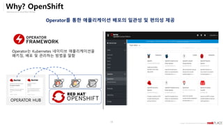 Opensource & Cloud Best Partner
Copyright ⓒ All right Reserved by 2019 Rockplace Inc.
18
Why? OpenShift
Operator를 통한 애플리케이션 배포의 일관성 및 편의성 제공
Operator는 Kubernetes 네이티브 애플리케이션을
패키징, 배포 및 관리하는 방법을 말함
OPERATOR HUB
 