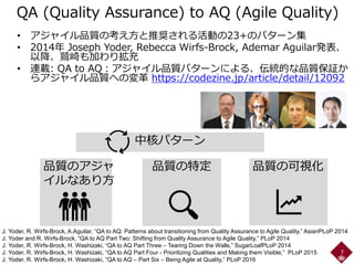 QA (Quality Assurance) to AQ (Agile Quality)
• アジャイル品質の考え方と推奨される活動の23+のパターン集
• 2014年 Joseph Yoder, Rebecca Wirfs-Brock, Ademar Aguilar発表、
以降、鷲崎も加わり拡充
• 連載: QA to AQ：アジャイル品質パターンによる、伝統的な品質保証か
らアジャイル品質への変革 https://codezine.jp/article/detail/12092
7
J. Yoder, R. Wirfs-Brock, A.Aguilar, “QA to AQ: Patterns about transitioning from Quality Assurance to Agile Quality,” AsianPLoP 2014
J. Yoder and R. Wirfs-Brock, “QA to AQ Part Two: Shifting from Quality Assurance to Agile Quality,” PLoP 2014
J. Yoder, R. Wirfs-Brock, H. Washizaki, “QA to AQ Part Three – Tearing Down the Walls,” SugarLoafPLoP 2014
J. Yoder, R. Wirfs-Brock, H. Washizaki, “QA to AQ Part Four - Prioritizing Qualities and Making them Visible,” PLoP 2015
J. Yoder, R. Wirfs-Brock, H. Washizaki, “QA to AQ – Part Six – Being Agile at Quality,” PLoP 2016
中核パターン
品質の特定 品質の可視化品質のアジャ
イルなあり方
 