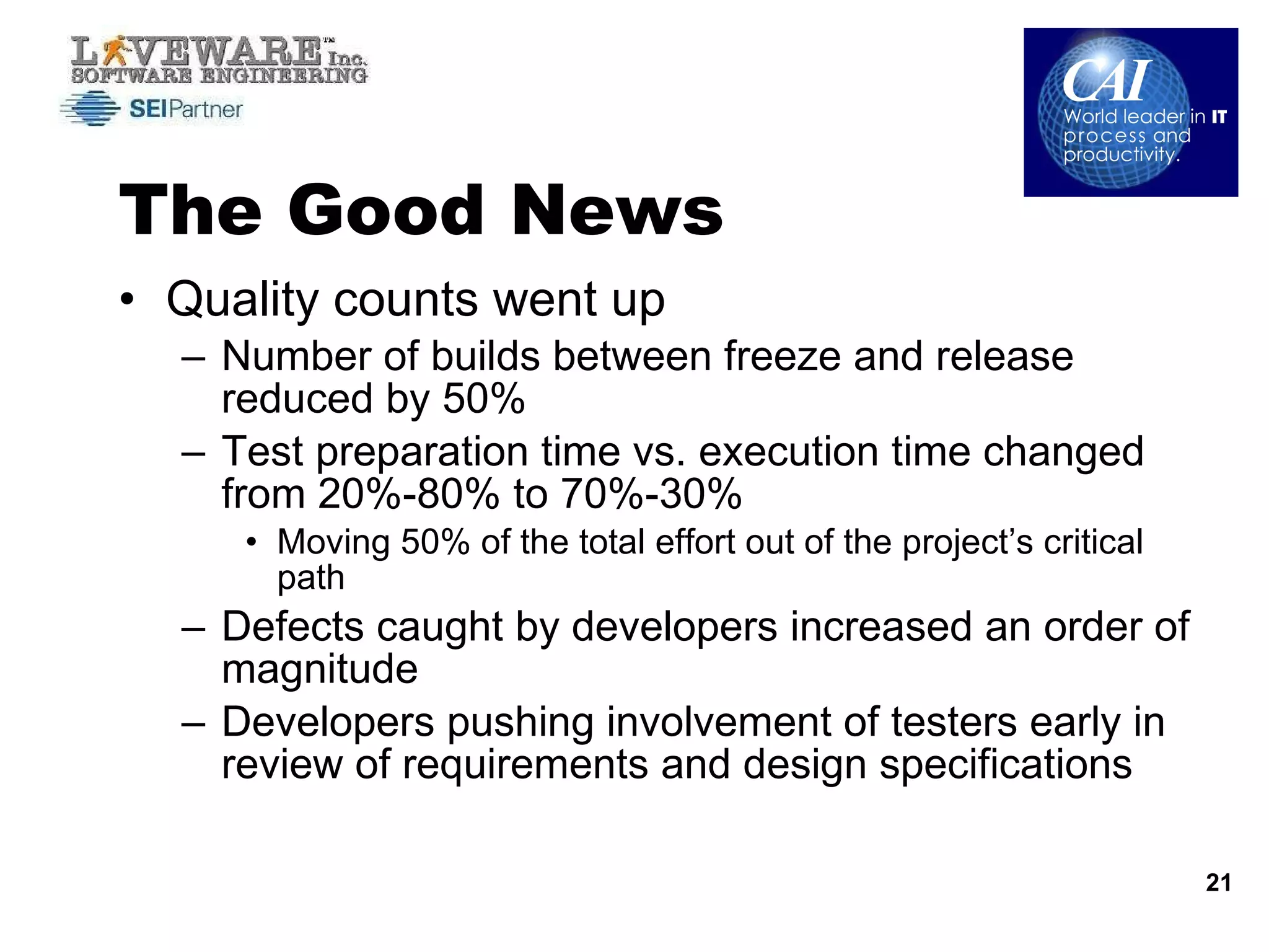 The Good News Quality counts went up  Number of builds between freeze and release reduced by 50% Test preparation time vs. execution time changed from 20%-80% to 70%-30% Moving 50% of the total effort out of the project’s critical path Defects caught by developers increased an order of magnitude Developers pushing involvement of testers early in review of requirements and design specifications 