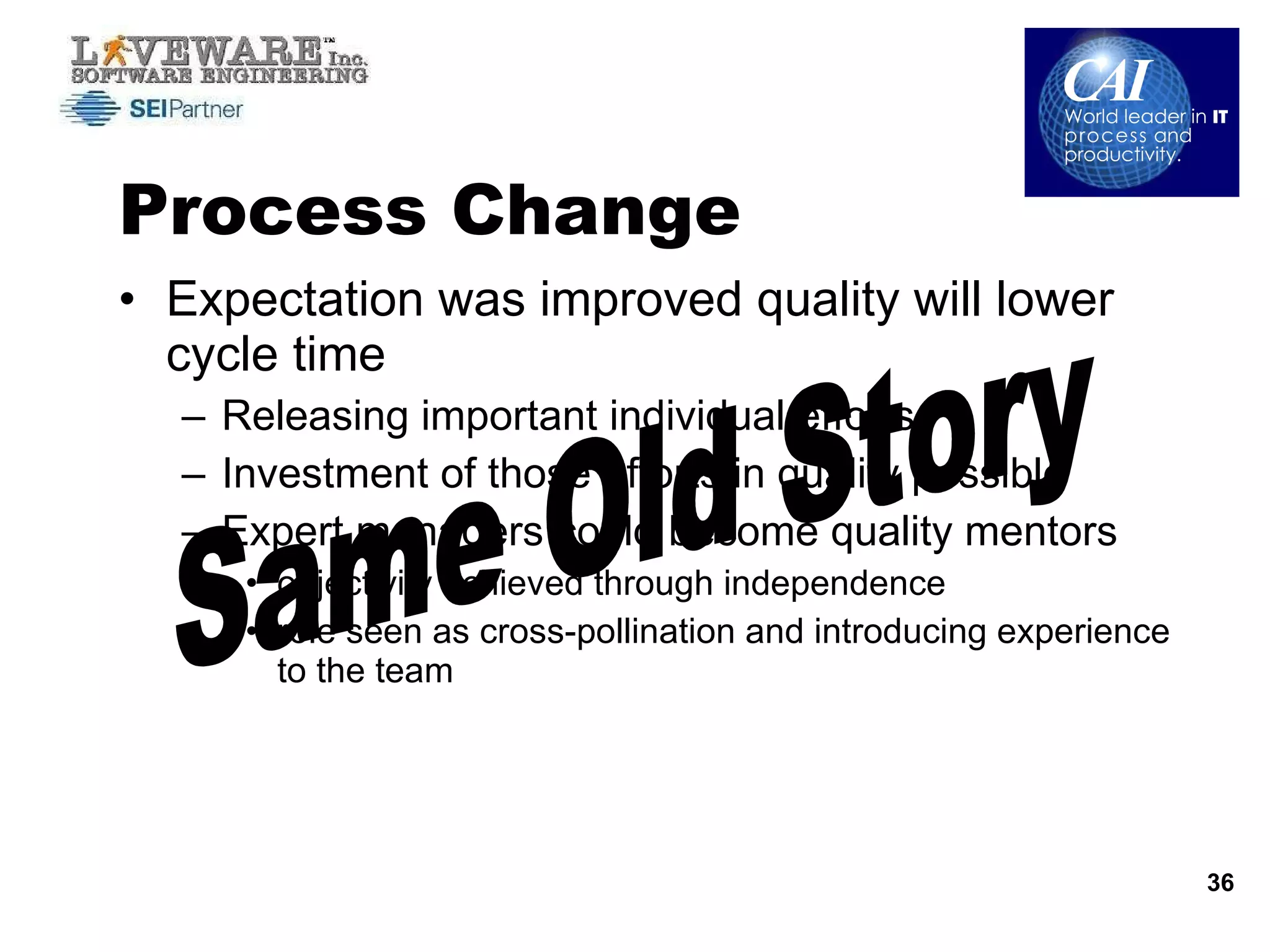 Process Change Expectation was improved quality will lower cycle time Releasing important individual efforts Investment of those efforts in quality possible Expert managers could become quality mentors objectivity achieved through independence role seen as cross-pollination and introducing experience to the team Same Old Story 