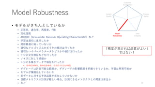 Model Robustness
• モデルがきちんとしているか
• 正答率、適合率、再現率、F値
• 汎化性能
• AUROC（Area under Receiver Operating Characteristic）など
• 学習は適切に進行したか
• 局所最適に陥っていないか
• 適切なアルゴリズムかどうかの検討は行ったか
• 適切なハイパーパラメータかどうかの検討は行ったか
• 十分に交叉検証などを行ったか
• ノイズに対して頑健か
• 十分に多様なデータで検証を行ったか
• 数理的多様性、意味的多様性、社会的文化的多様性
• デグレードは許容可能な範囲か、デグレードの影響範囲を把握できているか、学習は再現可能か
• モデルが陳腐化していないか
• 実データに対する予測品質が劣化していかないか
• 目標メトリクスの計測が難しい場合、計測できるメトリクスとの関連は妥当か
• など
Customer
Expectation
System
Quality
Process
Agility
Model
Robustness
Data
Integrity
15
「精度が高ければ品質がよい」
ではない！
 