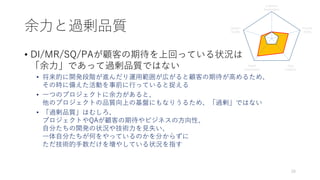 余力と過剰品質
• DI/MR/SQ/PAが顧客の期待を上回っている状況は
「余力」であって過剰品質ではない
• 将来的に開発段階が進んだり運用範囲が広がると顧客の期待が高めるため、
その時に備えた活動を事前に行っていると捉える
• 一つのプロジェクトに余力があると、
他のプロジェクトの品質向上の基盤にもなりうるため、「過剰」ではない
• 「過剰品質」はむしろ、
プロジェクトやQAが顧客の期待やビジネスの方向性、
自分たちの開発の状況や技術力を見失い、
一体自分たちが何をやっているのかを分からずに
ただ技術的手数だけを増やしている状況を指す
Customer
Expectation
System
Quality
Process
Agility
Model
Robustness
Data
Integrity
20
 