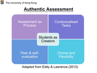 Authentic Assessment
Adapted from Eddy & Lawrence (2013)
The University of Hong Kong
Assessment as
Process
Contextualised
Tasks
Peer & self-
evaluation
Choice and
Flexibility
Students as
Creators
 