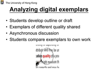 Analyzing digital exemplars
• Students develop outline or draft
• Exemplars of different quality shared
• Asynchronous discussion
• Students compare exemplars to own work
The University of Hong Kong
 