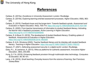 References
Carless, D. (2015a). Excellence in University Assessment. London: Routledge.
Carless, D. (2015b). Exploring learning-oriented assessment processes. Higher Education, 69(6), 963-
976.
Carless, D. (2019). Feedback loops and the longer-term: Towards feedback spirals. Assessment and
Evaluation in Higher Education, 44(5), 705-714. https://doi.org/10.1080/02602938.2018.1531108
Carless, D. (2020). From teacher transmission of information to student feedback literacy: Activating
the learner role in feedback processes. Active Learning in Higher Education.
https://doi.org/10.1177/1469787420945845
Carless, D. & Boud, D. (2018). The development of student feedback literacy: Enabling uptake of
feedback. Assessment & Evaluation in Higher Education.
https://doi.org/10.1080/02602938.2018.1463354.
Carless, D. & N. Winstone (2020). Teacher feedback literacy and its interplay with student feedback
literacy. Teaching in Higher Education. https://doi.org/10.1080/13562517.2020.1782372
Dawson, P. (2021). Defending assessment security in a digital world. London: Routledge.
Eddy, P.L., & Lawrence, A. (2013). Wikis as platforms for authentic assessment. Innovative Higher
Education, 38(4), 253-265.
Hung, S.-T.A. (2016). Enhancing feedback provision through multimodal video technology. Computers
& Education, 98, 90-101.
Lang, J. M. (2016). Small teaching: Everyday lessons from the science of learning. San Francisco:
Jossey-Bass
The University of Hong Kong
 