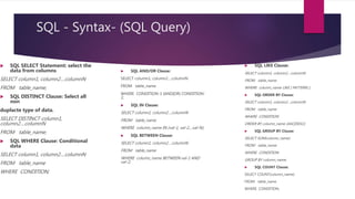 SQL - Syntax- (SQL Query)
 SQL AND/OR Clause:
SELECT column1, column2....columnN
FROM table_name
WHERE CONDITION-1 {AND|OR} CONDITION-
2;
 SQL IN Clause:
SELECT column1, column2....columnN
FROM table_name
WHERE column_name IN (val-1, val-2,...val-N);
 SQL BETWEEN Clause:
SELECT column1, column2....columnN
FROM table_name
WHERE column_name BETWEEN val-1 AND
val-2;
 SQL SELECT Statement: select the
data from columns
SELECT column1, column2....columnN
FROM table_name;
 SQL DISTINCT Clause: Select all
non
duplacte type of data.
SELECT DISTINCT column1,
column2....columnN
FROM table_name;
 SQL WHERE Clause: Conditional
data
SELECT column1, column2....columnN
FROM table_name
WHERE CONDITION;
 SQL LIKE Clause:
SELECT column1, column2....columnN
FROM table_name
WHERE column_name LIKE { PATTERN };
 SQL ORDER BY Clause:
SELECT column1, column2....columnN
FROM table_name
WHERE CONDITION
ORDER BY column_name {ASC|DESC};
 SQL GROUP BY Clause:
SELECT SUM(column_name)
FROM table_name
WHERE CONDITION
GROUP BY column_name;
 SQL COUNT Clause:
SELECT COUNT(column_name)
FROM table_name
WHERE CONDITION;
 