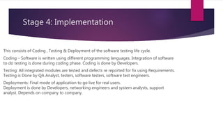Stage 4: Implementation
 This consists of Coding , Testing & Deployment of the software testing life cycle.
Coding – Software is written using different programming languages. Integration of software
to do testing is done during coding phase. Coding is done by Developers.
Testing: All integrated modules are tested and defects re reported for fix using Requirements.
Testing is Done by QA Analyst, testers, software testers, software test engineers.
Deployments: Final mode of application to go live for real users.
Deployment is done by Developers, networking engineers and system analysts, support
analyst. Depends on company to company.
 
