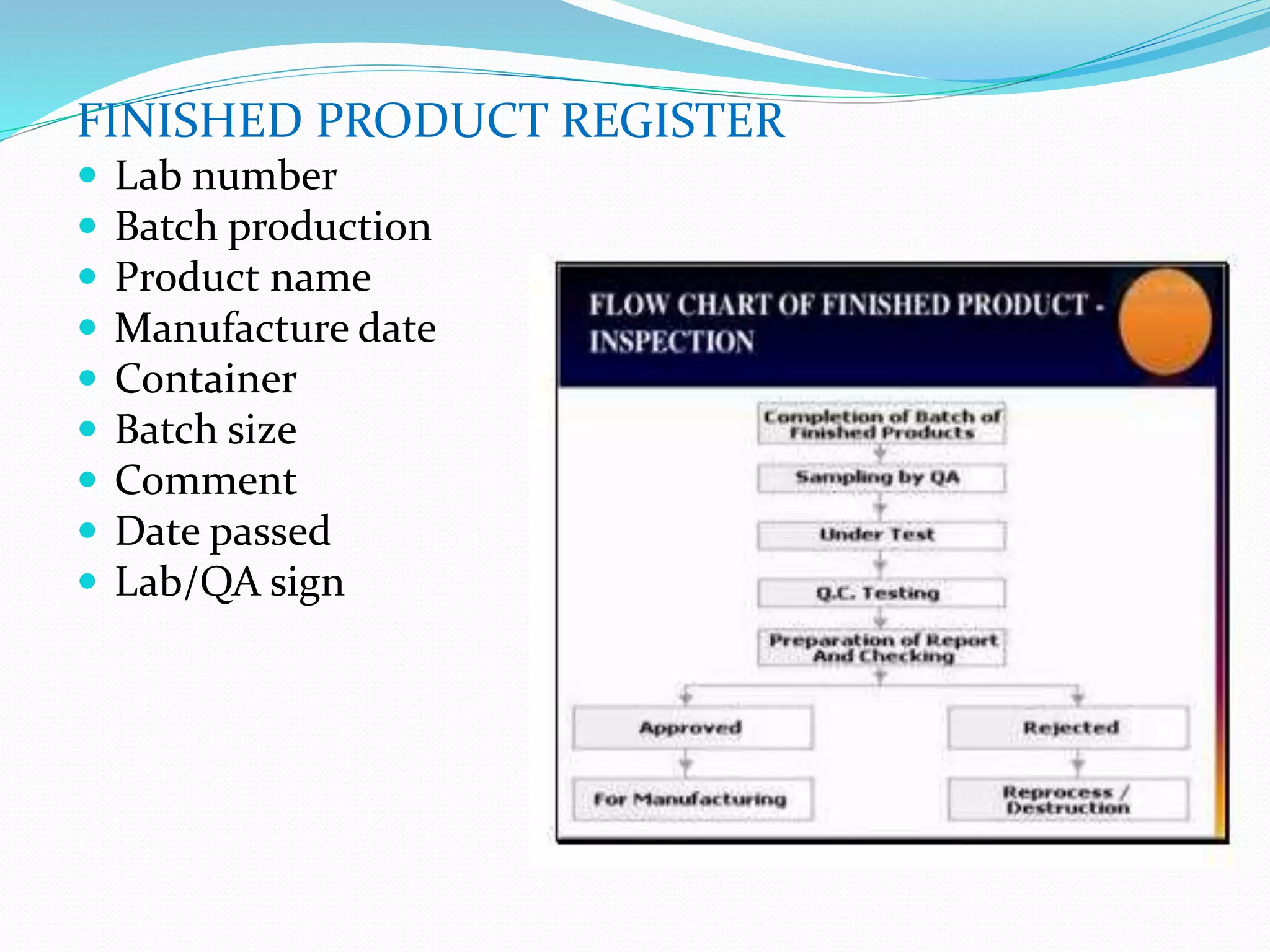 FINISHED PRODUCT REGISTER
 Lab number
 Batch production
 Product name
 Manufacture date
 Container
 Batch size
 Comment
 Date passed
 Lab/QA sign
 