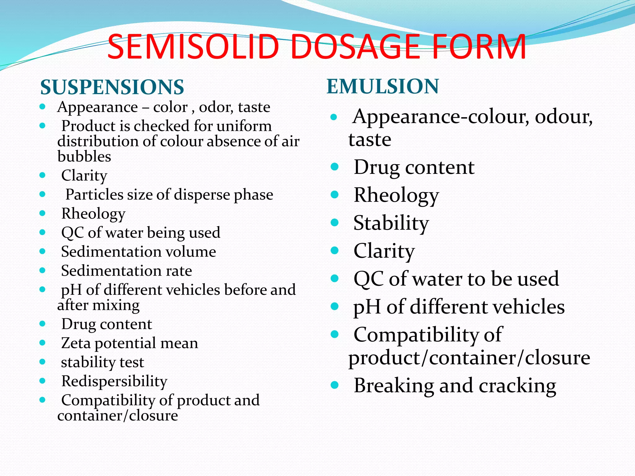 SEMISOLID DOSAGE FORM
SUSPENSIONS EMULSION
 Appearance – color , odor, taste
 Product is checked for uniform
distribution of colour absence of air
bubbles
 Clarity
 Particles size of disperse phase
 Rheology
 QC of water being used
 Sedimentation volume
 Sedimentation rate
 pH of different vehicles before and
after mixing
 Drug content
 Zeta potential mean
 stability test
 Redispersibility
 Compatibility of product and
container/closure
 Appearance-colour, odour,
taste
 Drug content
 Rheology
 Stability
 Clarity
 QC of water to be used
 pH of different vehicles
 Compatibility of
product/container/closure
 Breaking and cracking
 