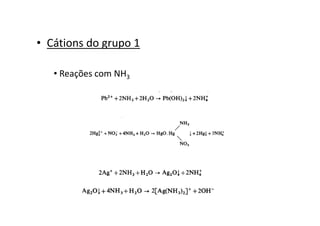 • Cátions do grupo 1
• Reações com NH3
 