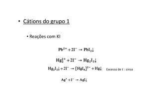 • Cátions do grupo 1
• Reações com KI
Excesso de I- : cinza
 