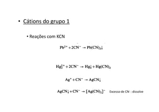 • Cátions do grupo 1
• Reações com KCN
Excesso de CN- : dissolve
 
