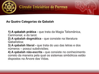 As Quatro Categorias da Qabalah


 1) A qabalah prática - que trata da Magia Talismânica,
 Cerimonial, e do tarot.
 2) A qabalah dogmática - que consiste na literatura
 Qabalística;
 3) A qabalah literal - que trata do uso das letras e dos
 números – possui subdivisões;
 4) A qabalah não-escrita - que consiste no conhecimento
 correto da maneira pela qual os sistemas simbólicos estão
 dispostos na Árvore das Vidas.
 