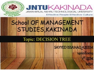 School OF MANAGEMENT
STUDIES,KAKINADA
Topic: DECISION TREE
SAYYEDISSAHAQAZEEM
14021E0019
1ST-SEM
MBA
 