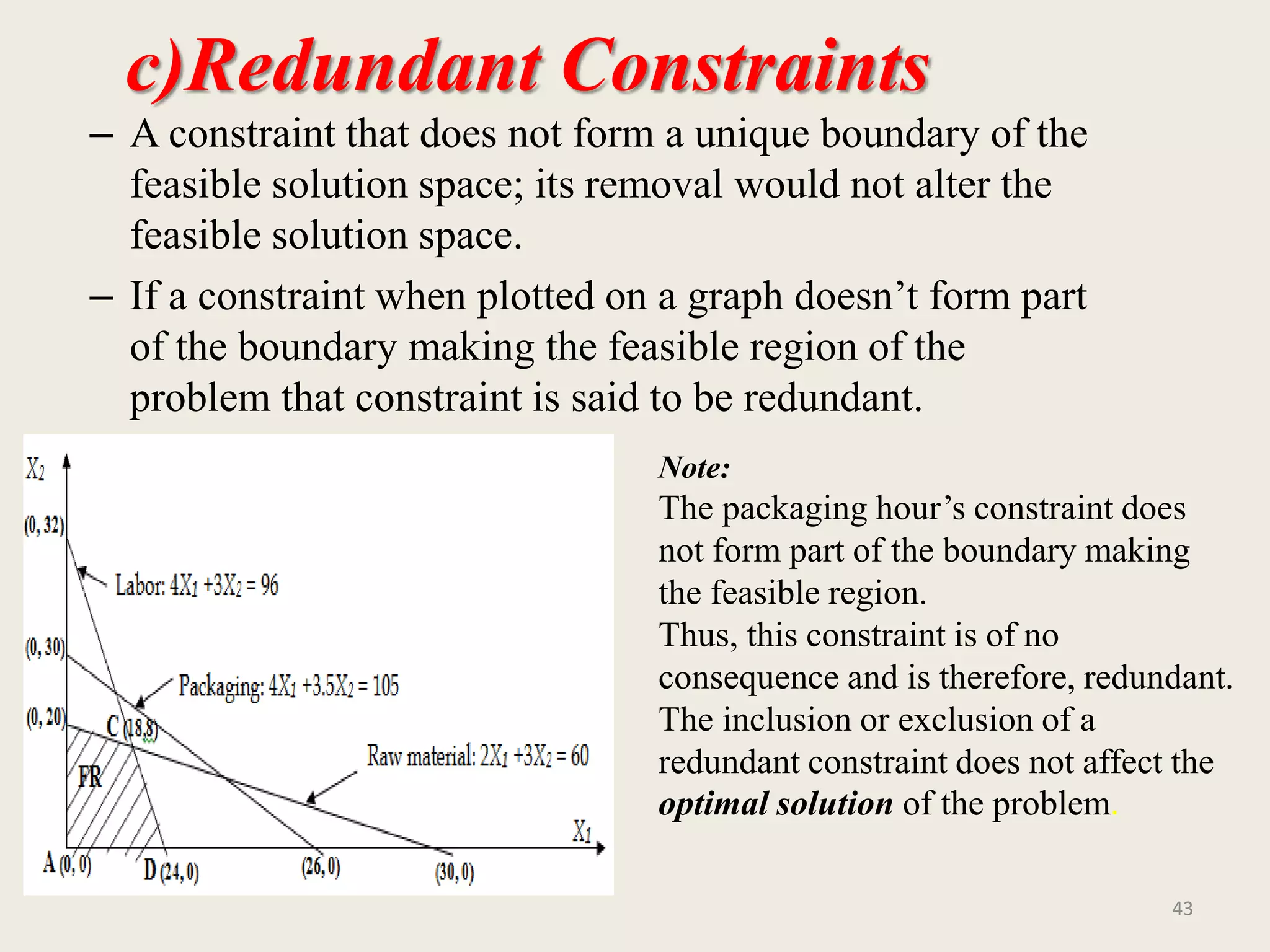 c)Redundant Constraints
– A constraint that does not form a unique boundary of the
feasible solution space; its removal would not alter the
feasible solution space.
– If a constraint when plotted on a graph doesn’t form part
of the boundary making the feasible region of the
problem that constraint is said to be redundant.
43
Note:
The packaging hour’s constraint does
not form part of the boundary making
the feasible region.
Thus, this constraint is of no
consequence and is therefore, redundant.
The inclusion or exclusion of a
redundant constraint does not affect the
optimal solution of the problem.
 