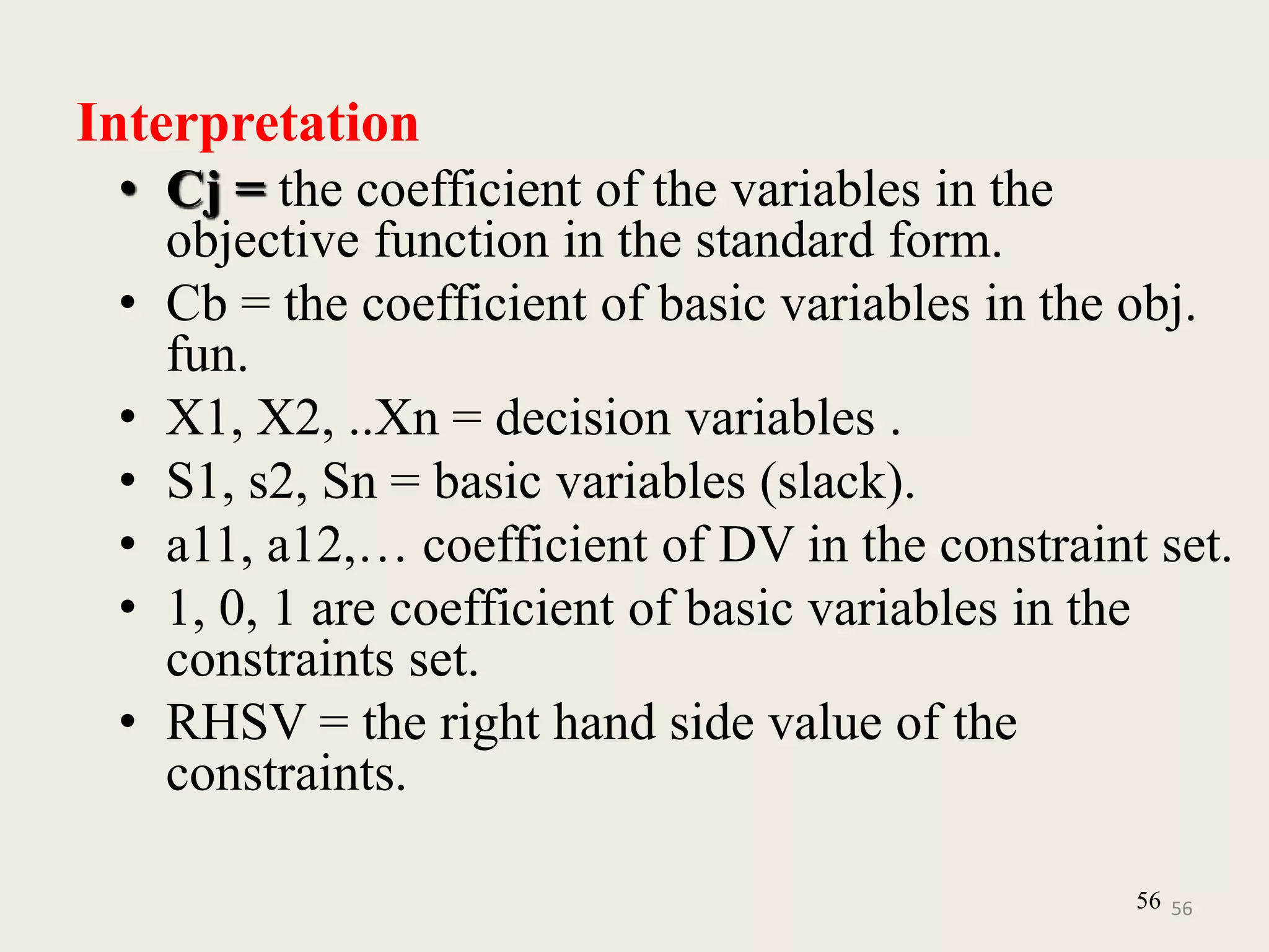 Interpretation
• Cj = the coefficient of the variables in the
objective function in the standard form.
• Cb = the coefficient of basic variables in the obj.
fun.
• X1, X2, ..Xn = decision variables .
• S1, s2, Sn = basic variables (slack).
• a11, a12,… coefficient of DV in the constraint set.
• 1, 0, 1 are coefficient of basic variables in the
constraints set.
• RHSV = the right hand side value of the
constraints.
56 56
 