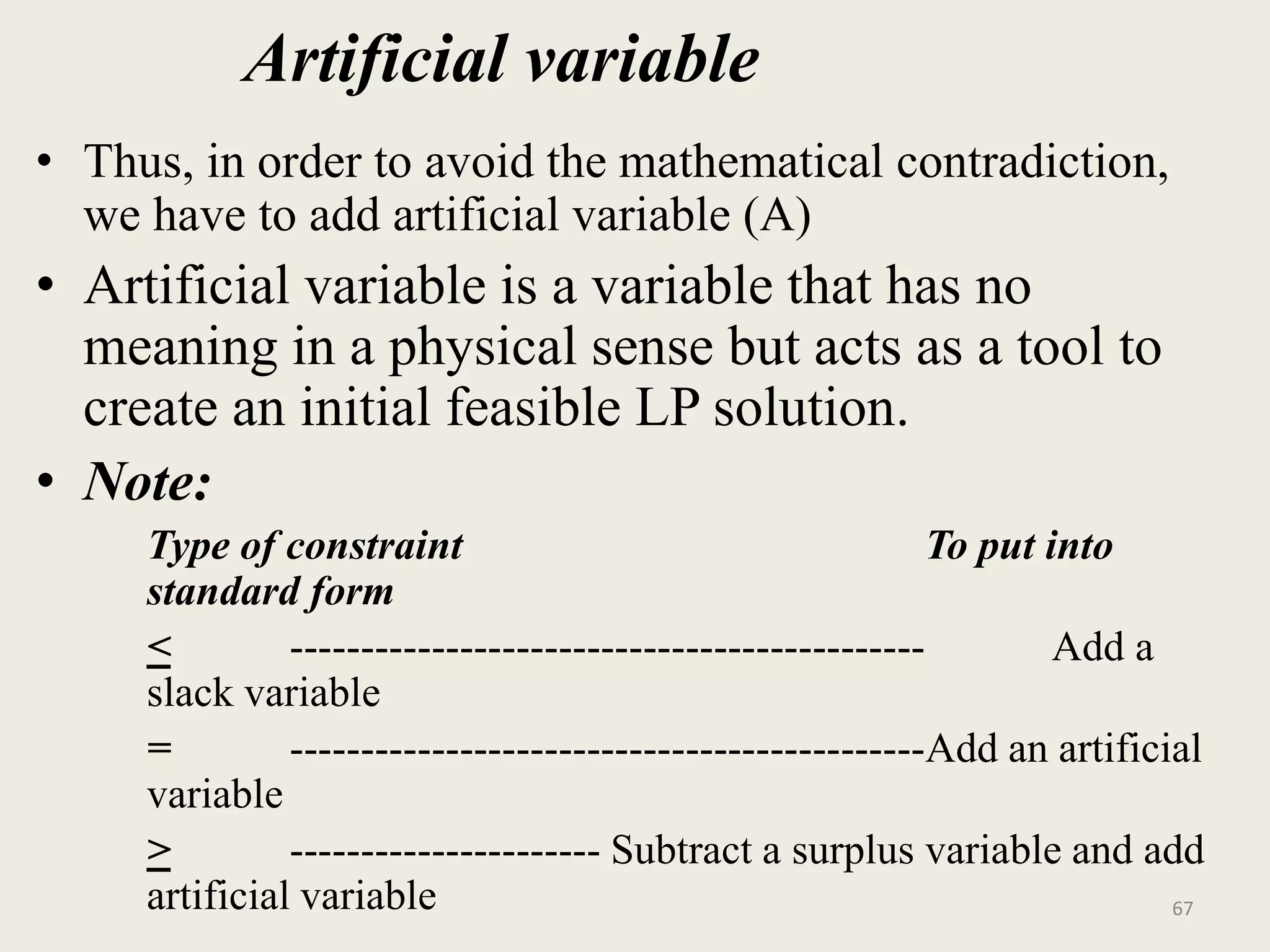 Artificial variable
• Thus, in order to avoid the mathematical contradiction,
we have to add artificial variable (A)
• Artificial variable is a variable that has no
meaning in a physical sense but acts as a tool to
create an initial feasible LP solution.
• Note:
Type of constraint To put into
standard form
< --------------------------------------------- Add a
slack variable
= ---------------------------------------------Add an artificial
variable
> ---------------------- Subtract a surplus variable and add
artificial variable 67
 