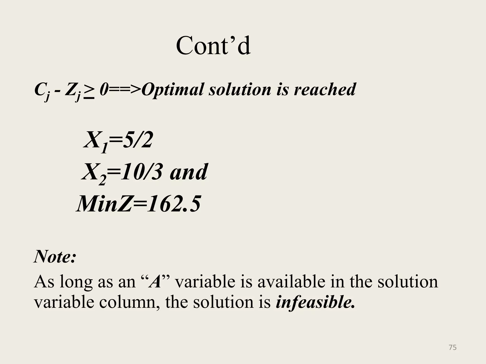 Cont’d
Cj - Zj > 0==>Optimal solution is reached
X1=5/2
X2=10/3 and
MinZ=162.5
Note:
As long as an “A” variable is available in the solution
variable column, the solution is infeasible.
75
 