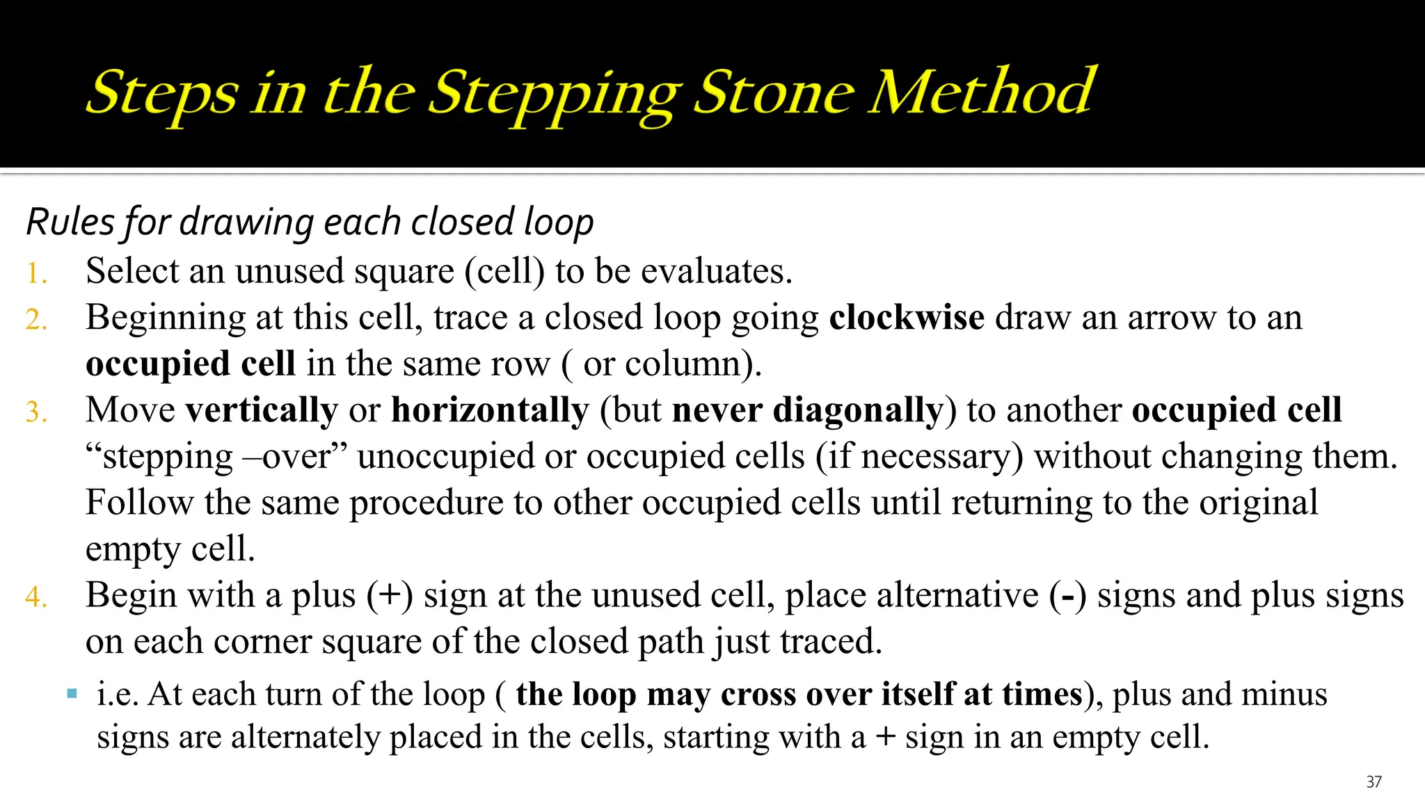 Rules for drawing each closed loop
1. Select an unused square (cell) to be evaluates.
2. Beginning at this cell, trace a closed loop going clockwise draw an arrow to an
occupied cell in the same row ( or column).
3. Move vertically or horizontally (but never diagonally) to another occupied cell
“stepping –over” unoccupied or occupied cells (if necessary) without changing them.
Follow the same procedure to other occupied cells until returning to the original
empty cell.
4. Begin with a plus (+) sign at the unused cell, place alternative (-) signs and plus signs
on each corner square of the closed path just traced.
 i.e. At each turn of the loop ( the loop may cross over itself at times), plus and minus
signs are alternately placed in the cells, starting with a + sign in an empty cell.
37
 