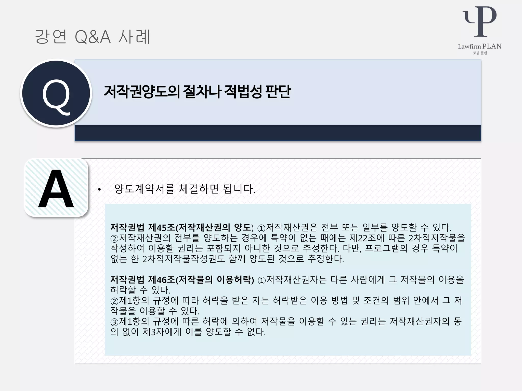 • 양도계약서를 체결하면 됩니다.
저작권양도의 절차나 적법성 판단
Q
A
강연 Q&A 사례
저작권법 제45조(저작재산권의 양도) ①저작재산권은 전부 또는 일부를 양도할 수 있다.
②저작재산권의 전부를 양도하는 경우에 특약이 없는 때에는 제22조에 따른 2차적저작물을
작성하여 이용할 권리는 포함되지 아니한 것으로 추정한다. 다만, 프로그램의 경우 특약이
없는 한 2차적저작물작성권도 함께 양도된 것으로 추정한다.
저작권법 제46조(저작물의 이용허락) ①저작재산권자는 다른 사람에게 그 저작물의 이용을
허락할 수 있다.
②제1항의 규정에 따라 허락을 받은 자는 허락받은 이용 방법 및 조건의 범위 안에서 그 저
작물을 이용할 수 있다.
③제1항의 규정에 따른 허락에 의하여 저작물을 이용할 수 있는 권리는 저작재산권자의 동
의 없이 제3자에게 이를 양도할 수 없다.
 