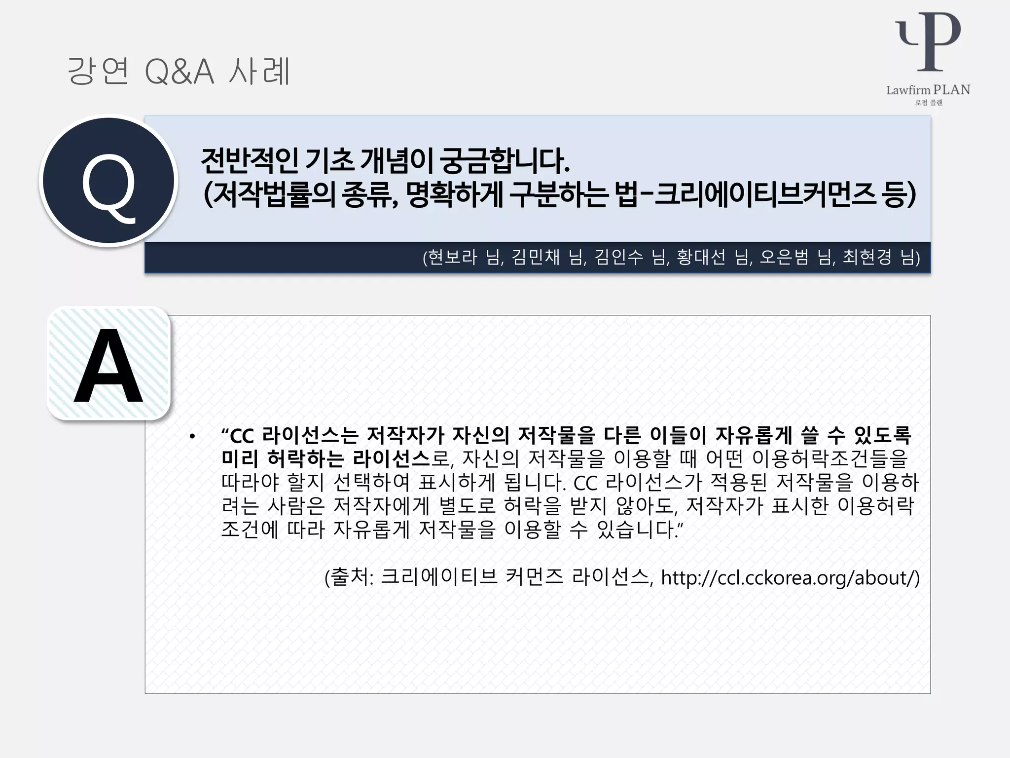 • “CC 라이선스는 저작자가 자신의 저작물을 다른 이들이 자유롭게 쓸 수 있도록
미리 허락하는 라이선스로, 자신의 저작물을 이용할 때 어떤 이용허락조건들을
따라야 할지 선택하여 표시하게 됩니다. CC 라이선스가 적용된 저작물을 이용하
려는 사람은 저작자에게 별도로 허락을 받지 않아도, 저작자가 표시한 이용허락
조건에 따라 자유롭게 저작물을 이용할 수 있습니다.”
(출처: 크리에이티브 커먼즈 라이선스, http://ccl.cckorea.org/about/)
(현보라 님, 김민채 님, 김인수 님, 황대선 님, 오은범 님, 최현경 님)
전반적인 기초 개념이 궁금합니다.
(저작법률의 종류, 명확하게 구분하는 법-크리에이티브커먼즈 등)Q
A
강연 Q&A 사례
 