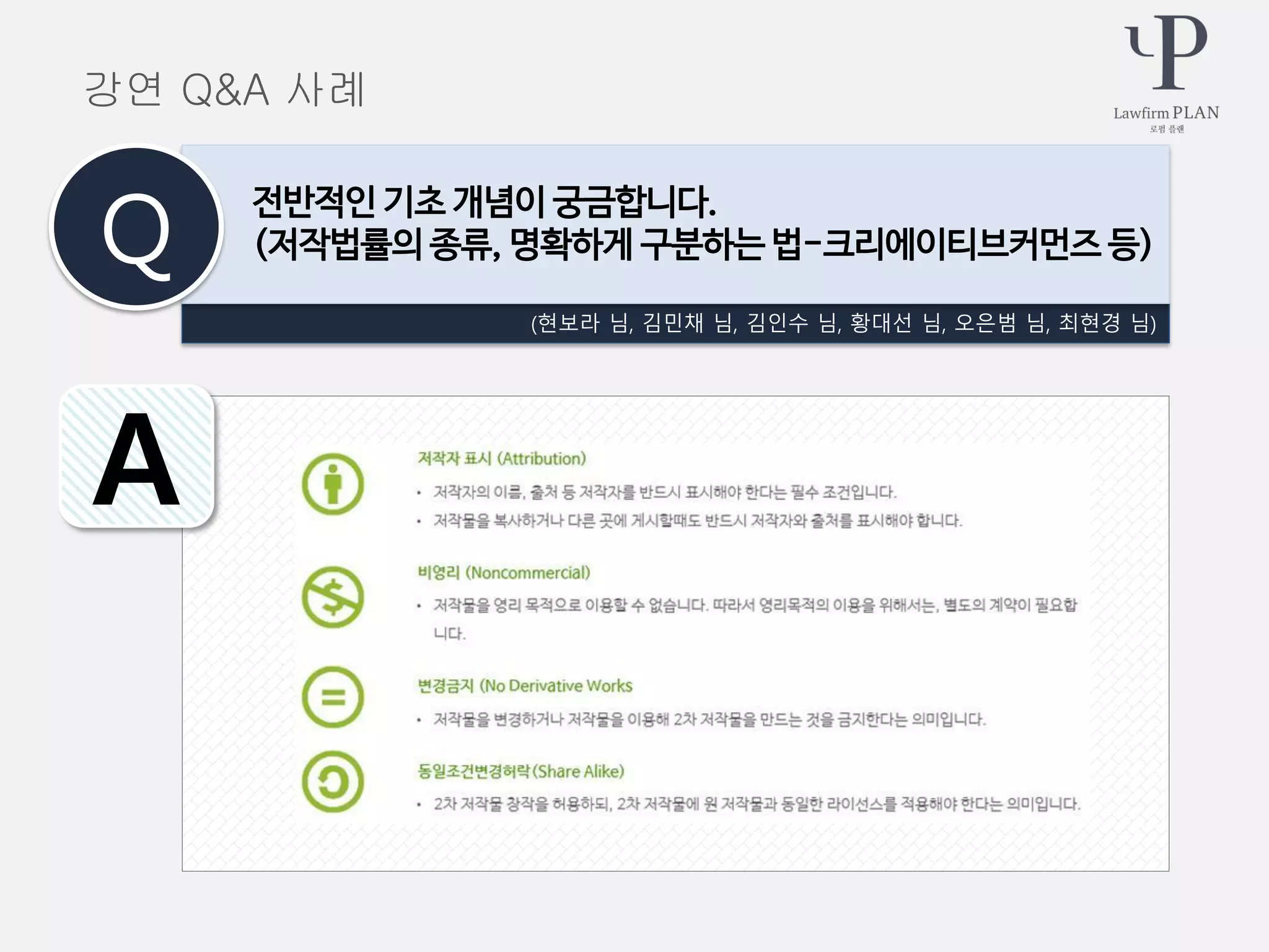(현보라 님, 김민채 님, 김인수 님, 황대선 님, 오은범 님, 최현경 님)
전반적인 기초 개념이 궁금합니다.
(저작법률의 종류, 명확하게 구분하는 법-크리에이티브커먼즈 등)Q
A
강연 Q&A 사례
 