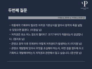 두번째 질문
- 작품제작 기획부터 필요한 저작권 기본상식을 알아서 창작의 폭을 넓힐
수 있었으면 좋겠다. (이정실 님)
- 저작권은 최소 어느 정도의 퀄리티? 크기?부터가 적용되는지 궁금합니
다. (원지호 님)
- 콘텐츠 창작 이후 언제부터 어떻게 저작권리가 발생하는지 (이지원 님)
- 콘텐츠 개발함에 있어서 무엇을 조심해야 하는지, 어떤 점을 염두해 두고
기획하고 개발해야하는지 저작권과 관련해서 알고 싶습니다.(문선영 님)
(이정실 님, 원지호 님, 이지원 님, 문선영 님)
 