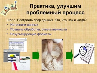 Практика, улучшим
проблемный процесс
Шаг 5. Настроить сбор данных. Кто, что, как и когда?
• Источники данных
• Правила обработки, ответственности
• Результирующие форматы
 