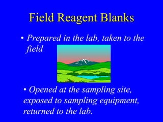 Field Reagent Blanks
• Prepared in the lab, taken to the
field
• Opened at the sampling site,
exposed to sampling equipment,
returned to the lab.
 