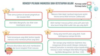 KONSEP PILIHAN MANUSIA DAN KETETAPAN ALLAH
Allah Maha Mengetahui dan Allah telah
menetapkan semua
Tidak semua perkara di bawah pengetahuan
dan kawalan Allah
Konsep salah
Konsep betul
1.
Allah memberi manusia pilihan untuk pilih jalan baik
atau buruk tetapi Allah sudah tahu apa yang dipilih
Manusia tidak dapat membuat keputusan sendiri
kerana semua Allah tentukan (Jabbariyah)
2.
Manusia dikurniakan akal untuk membezakan
baik dan buruk mengikut fitrah manusia
Tiada kemampuan yang Allah berikan kepada
manusia untuk membuat pilihan yang betul
3.
Dan sesiapa yang melakukan kejahatan atau
menganiaya dirinya sendiri (dengan melakukan
maksiat) kemudian ia memohon ampun kepada Allah,
nescaya ia akan mendapati Allah Maha Pengampun,
lagi Maha Mengasihani. (An-Nisa’: 110)
Orang yang memilih jalan yang jahat, itulah
ketetapannya sampai bila-bila
4.
 