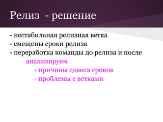 Релиз - решение
- нестабильная релизная ветка
- смещены сроки релиза
- переработка команды до релиза и после
      анализируем
        - причины сдвига сроков
        - проблемы с ветками
 