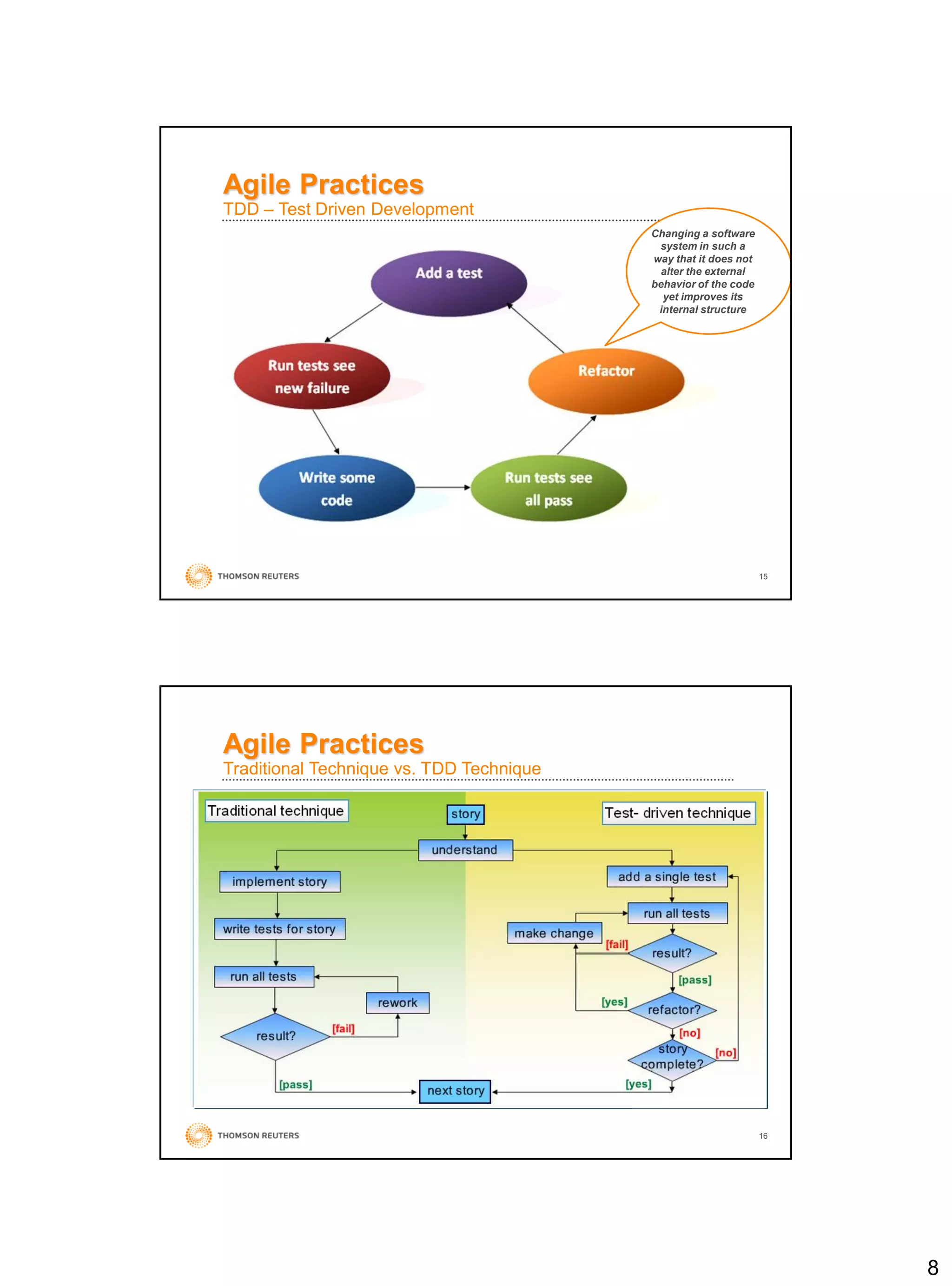 8
15
Agile Practices
TDD – Test Driven Development
Changing a software
system in such a
way that it does not
alter the external
behavior of the code
yet improves its
internal structure
16
Agile Practices
Traditional Technique vs. TDD Technique
 