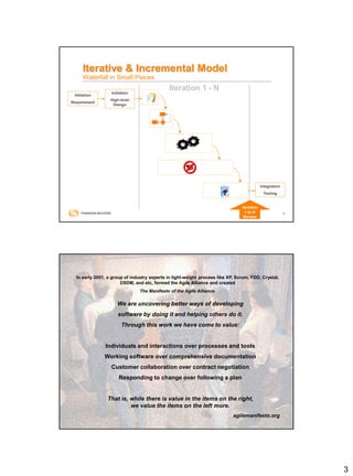 3
5
Iterative & Incremental Model
Waterfall in Small Pieces
Initiation
Requirement
Initiation
High-level
Design
Integration
Testing
Iteration 1 - N
Iteration
1 to N
Review
In early 2001, a group of industry experts in light-weight process like XP, Scrum, FDD, Crystal,
DSDM, and etc, formed the Agile Alliance and created
The Manifesto of the Agile Alliance.
We are uncovering better ways of developing
software by doing it and helping others do it.
Through this work we have come to value:
Individuals and interactions over processes and tools
Working software over comprehensive documentation
Customer collaboration over contract negotiation
Responding to change over following a plan
That is, while there is value in the items on the right,
we value the items on the left more.
agilemanifesto.org
 