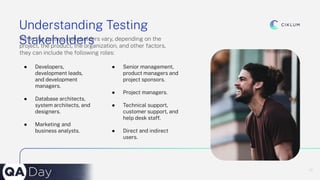 17
Understanding Testing
Stakeholders
While the testing stakeholders vary, depending on the
project, the product, the organization, and other factors,
they can include the following roles:
● Developers,
development leads,
and development
managers.
● Database architects,
system architects, and
designers.
● Marketing and
business analysts.
● Senior management,
product managers and
project sponsors.
● Project managers.
● Technical support,
customer support, and
help desk staff.
● Direct and indirect
users.
 