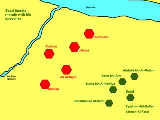 Zu Al-Hajib Mahran Jalinos Hurmuzan Rustom Zuhra bin Al-Hawiya Asim bin Amr Shrahbil bin Al-Samt Saad Abdulla bin Al-Mutam Salman-Al-Farsi Zyad bin Abi-Sufian Saad boosts morale with his speeches 