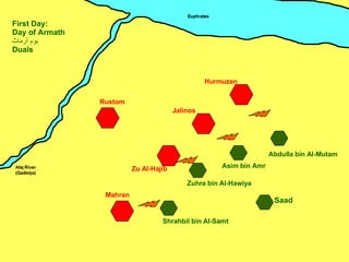 Zu Al-Hajib Mahran Jalinos Hurmuzan Rustom Zuhra bin Al-Hawiya Asim bin Amr Shrahbil bin Al-Samt Saad Abdulla bin Al-Mutam First Day: Day of Armath يوم أرماث Duals 