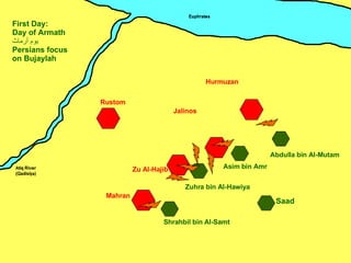Zu Al-Hajib Mahran Jalinos Hurmuzan Rustom Zuhra bin Al-Hawiya Asim bin Amr Shrahbil bin Al-Samt Saad Abdulla bin Al-Mutam First Day: Day of Armath يوم أرماث Persians focus on Bujaylah 
