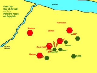 Zu Al-Hajib Mahran Jalinos Hurmuzan Rustom Tamim Saad First Day: Day of Armath يوم أرماث Persians focus on Bujaylah Bujaylah ِ Asad 